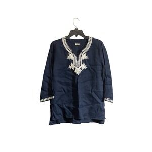 Symple NYC Large 100% Linen Tunic Shirt Navy Blue White Nautical Coastal